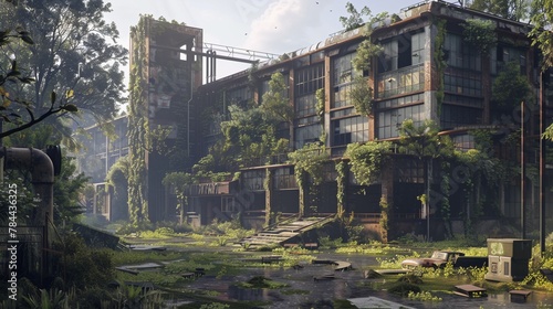 Overgrown biotech facility, where nature reclaims molecular models, dystopian rebirth at dawn. photo