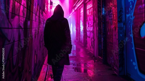 Neon-lit alley, shadowy figure, graffiti walls, mysterious noir vibe.