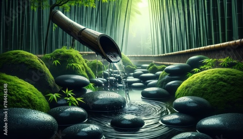 serene and tranquil scene capturing water gently flowing from a bamboo chute onto smooth, dark stones in a traditional Japanese Zen garden. photo
