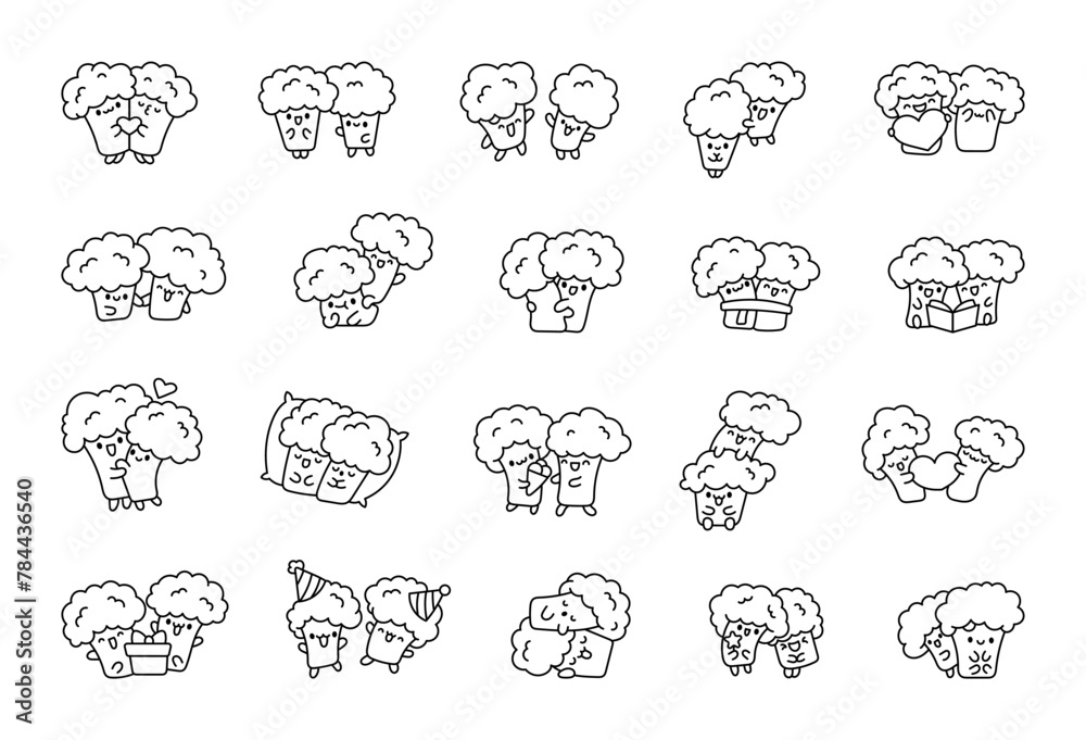 Funny couple broccoli cartoon characters. Coloring Page. Cute food friends. Hand drawn style. Vector drawing. Collection of design elements. Funny couple broccoli cartoon characters. Coloring Page. Cute food friends. Hand drawn style. Vector drawing. Collection of design elements.