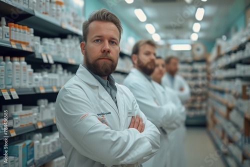 Group of male pharmacists in white lab coats standing in front of shelves in a pharmacy