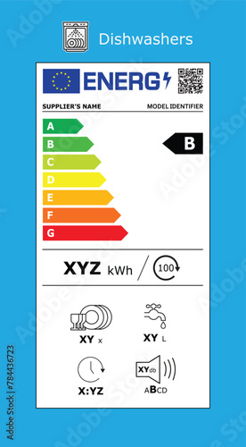 Vector EU energy rating label -dish washing. European Union energy label editable pictogram. EU domestic appliances energetic class. 