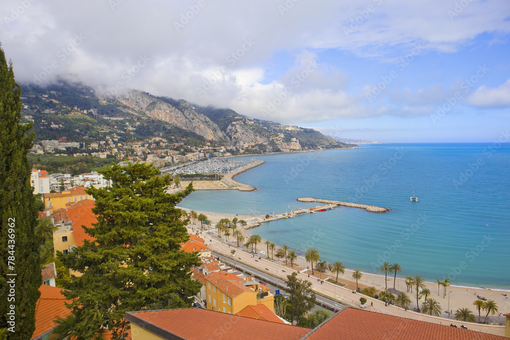 Panorama of city and Palmes Beach in Menton, France