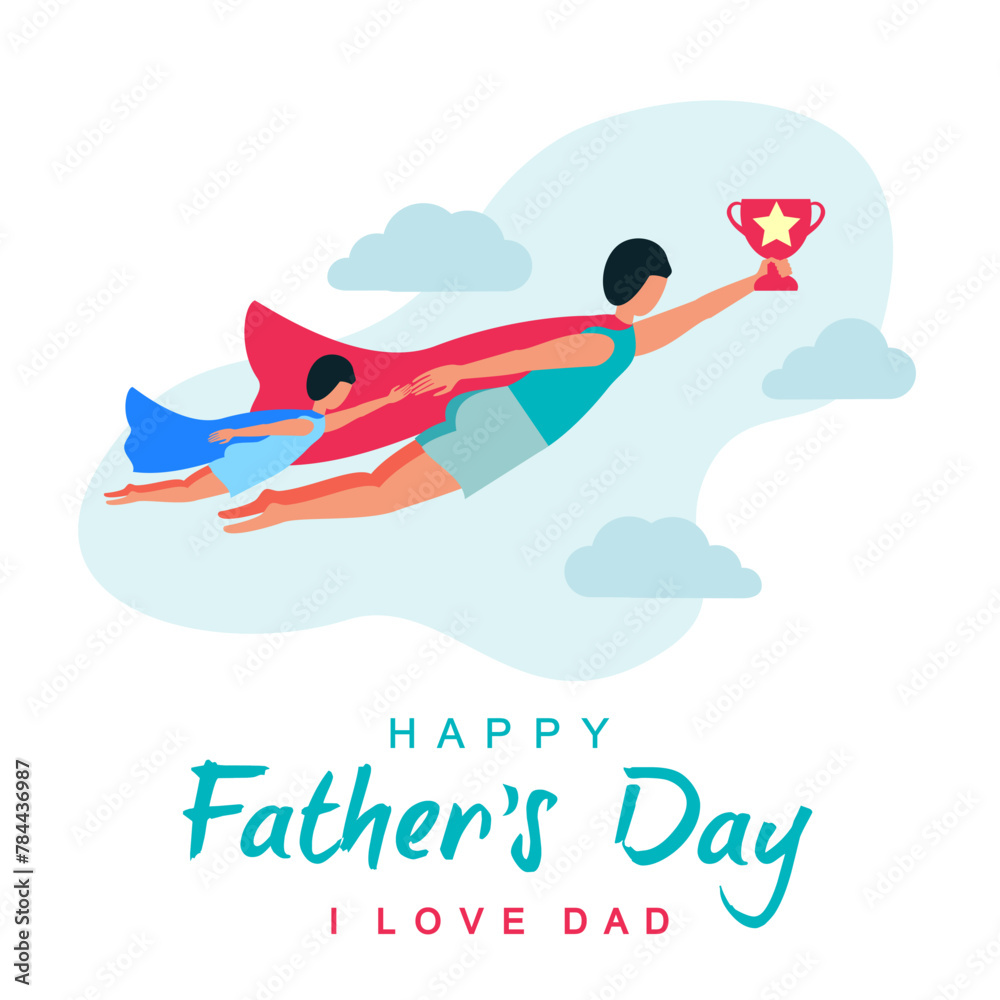 Happy Father's Day!  Handsome dad in superhero costume standing with his children.  Vector cute illustration of dad, text, male objects, pattern for postcard, card, poster or background