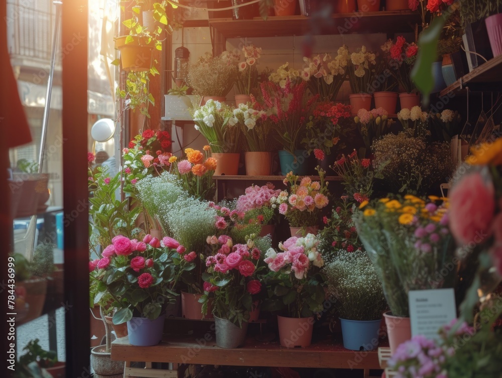 Flower shop. Bouquets and flowerpots. Cinematic. AI generative.