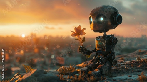 Robot, holding a fading flower, gazing at a polluted horizon, representing the clash between nature and industrial progress 3D Render, Backlights, Chromatic Aberration photo