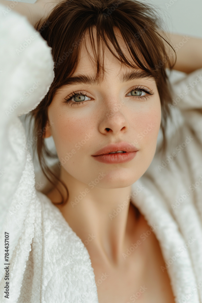 A young woman in a white towel exudes natural beauty, her clear gaze and fresh complexion embodying serenity and self-care after a soothing spa treatment.