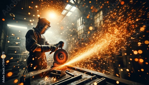 intense and fiery moment of metal grinding, with bright orange sparks flying in a wide