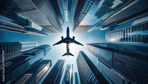 upward view of a sleek jet plane flying amidst towering skyscrapers under a clear blue sky.