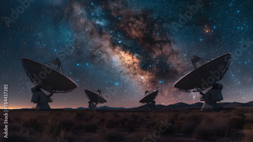Radio telescopes scanning the night sky filled with stars and the Milky Way galaxy. photo