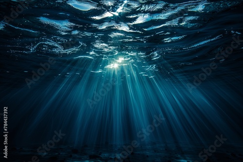 Dark blue ocean surface. view from under water. rays of sun break through the thick water. generative ai photo
