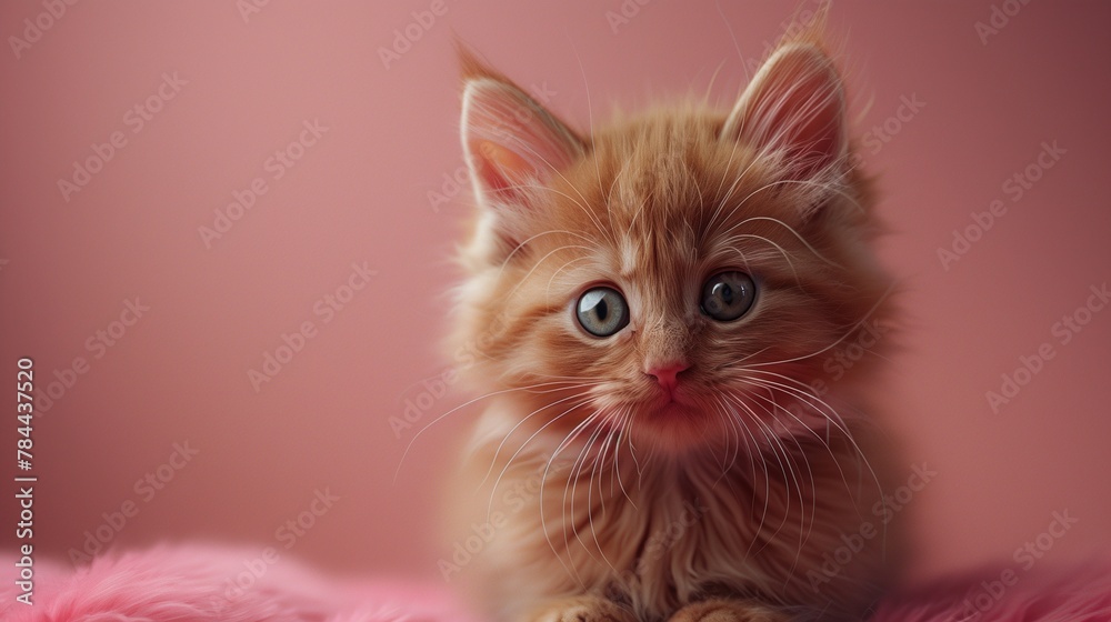 A 3D cute sticker of a playful kitten, depicted on a solid pink background, showcasing its lively expressions and fluffy fur in realistic detail as if captured by an HD camera