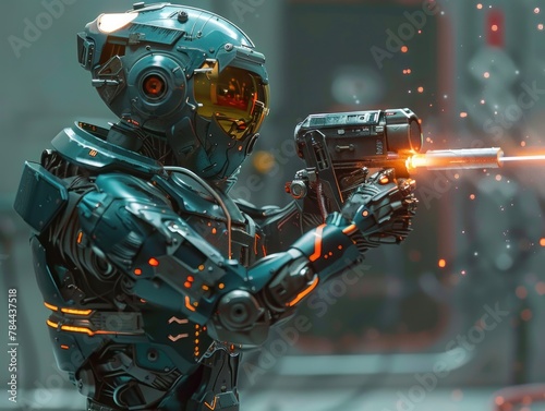 A soldier in a futuristic armor suit is firing a gun.