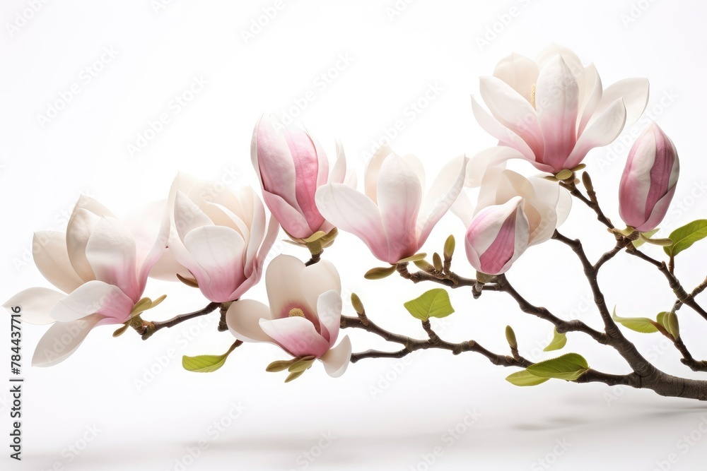 Blooming white and pink close-up flowers of magnolia on a branch with young leaves, growing in spring park or botanical garden, with blurred white background