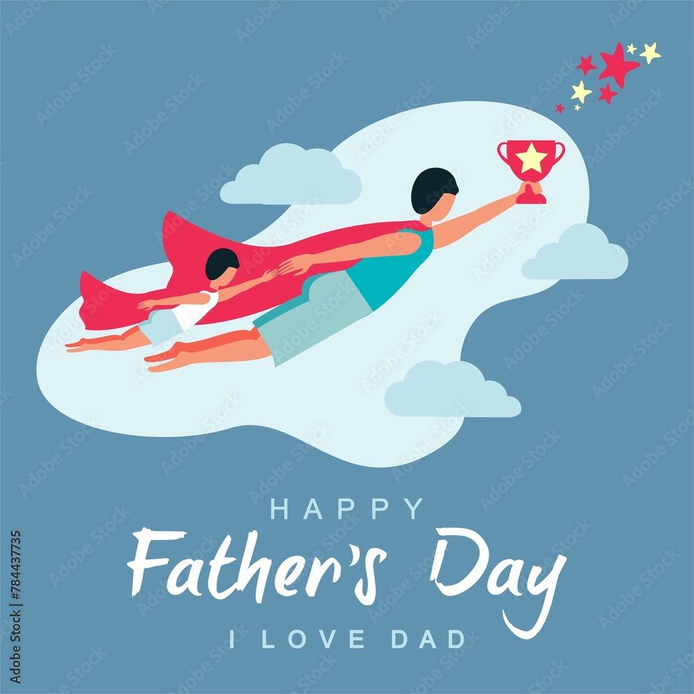 Happy Father's Day! Handsome dad in superhero costume standing with his children. Сute illustration of dad, text, male objects, pattern for postcard, card, poster or background Happy Father's Day! Handsome dad in superhero costume standing with his children. Сute illustration of dad, text, male objects, pattern for postcard, card, poster or background