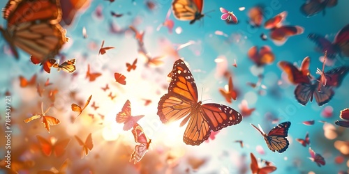 A hoard of ponder butterflies rocketing toward the sky in a lovely cluttered setting enlivened by the lovely sun blue sky setting and space, Generative AI. photo