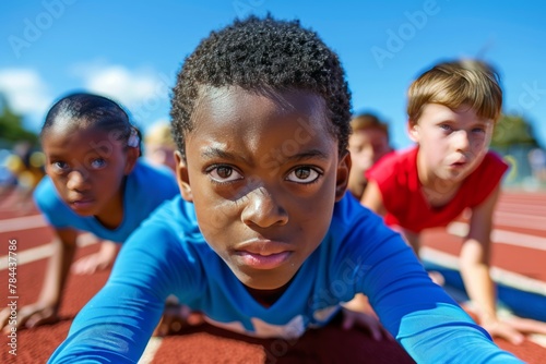 Young Athletes Poised at the Starting Line of a Track Race, Anticipation and Determination in Their Eyes