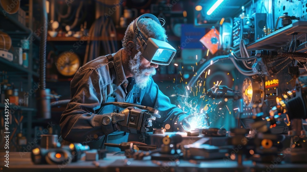 A welder wearing a welding helmet is welding a metal pipe in a workshop.