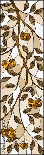 An illustration in stained glass style with a branch of mountain ash, clusters of berries and leaves against the sky,vertical image