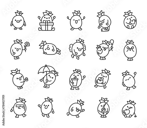 Cute pineapple character. Coloring Page. Funny fruit. Hand drawn style. Vector drawing. Collection of design elements.