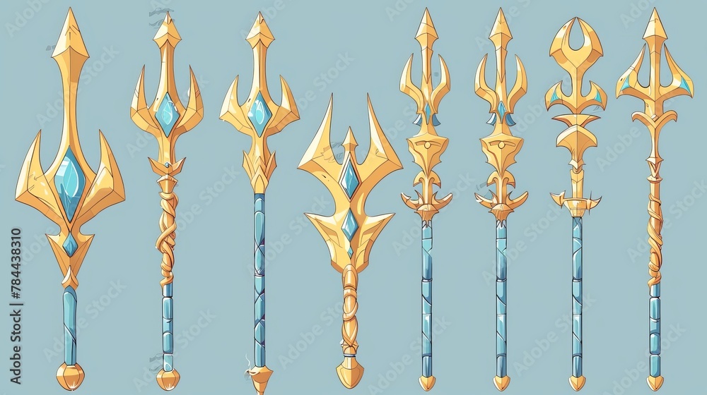 Game interface design with a magic golden trident for Poseidon or Neptune. Cartoon illustration set of fantasy metallic spear with pitchfork in various stages of decoration.