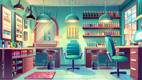 The interior of a nail shop or beauty salon with manicure service. Cartoon modern interior featuring chairs near a table, a lamp, color palette and equipment, nail polish jars on shelves, and a big