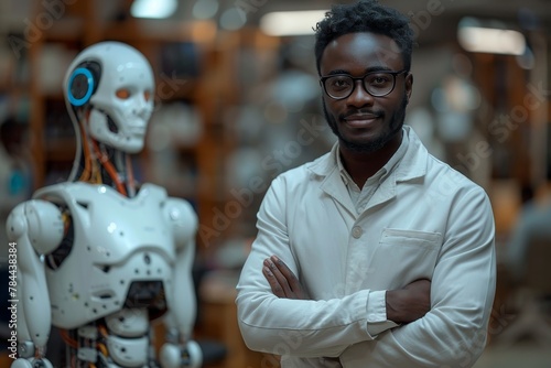 A man confidently poses with an advanced humanoid robot in a modern technology-focused environment