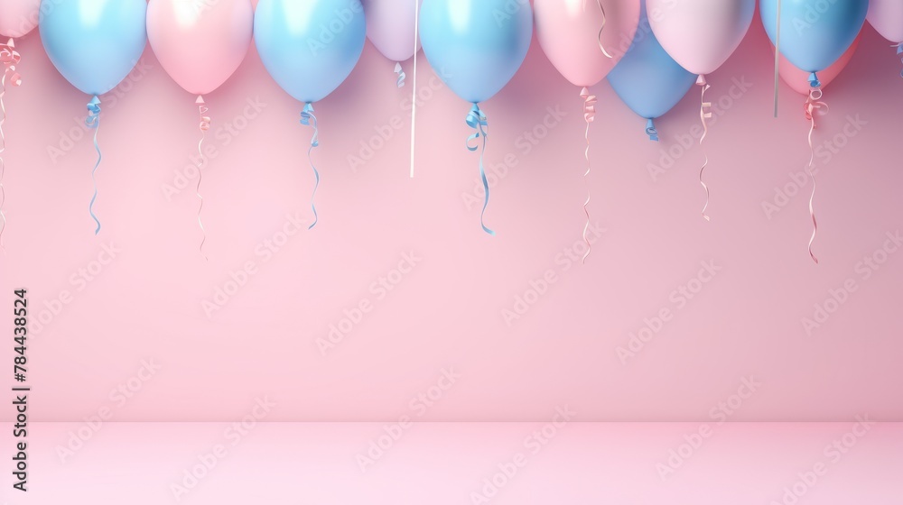 Baby party, celebration festive banner greeting card - Pastel pink and blue balloons, isolated on blue wall background