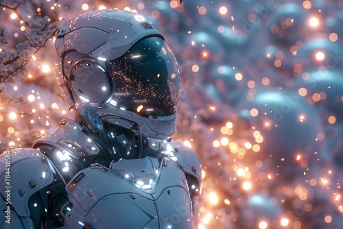 A powerful armored robot stands against a snowy backdrop, lights twinkling like distant stars