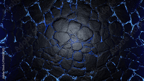 Abstract rock background with blue gaps between the stones. Mainers underground with center light. Molten blue cracks and rocks.