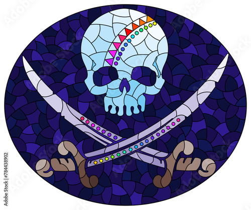 A stained glass illustration with a skull and daggers on a blue background, oval image