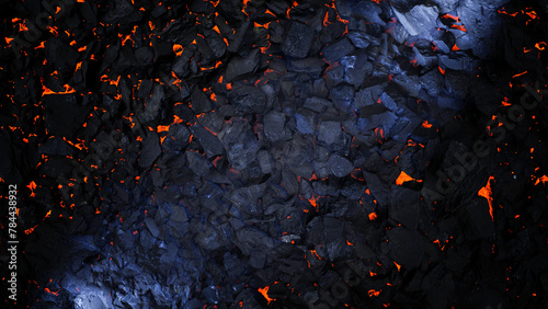 Coal background with red lava gaps between the stones. Mainers underground with atmospheric blue light rays. Red lava cracks and rocks.