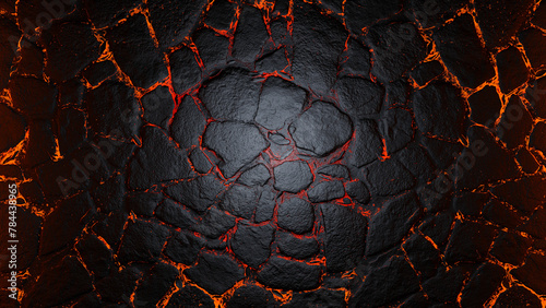 Abstract rock background with lava gaps between the stones. Mainers underground with center light. Molten red lava cracks and rocks.