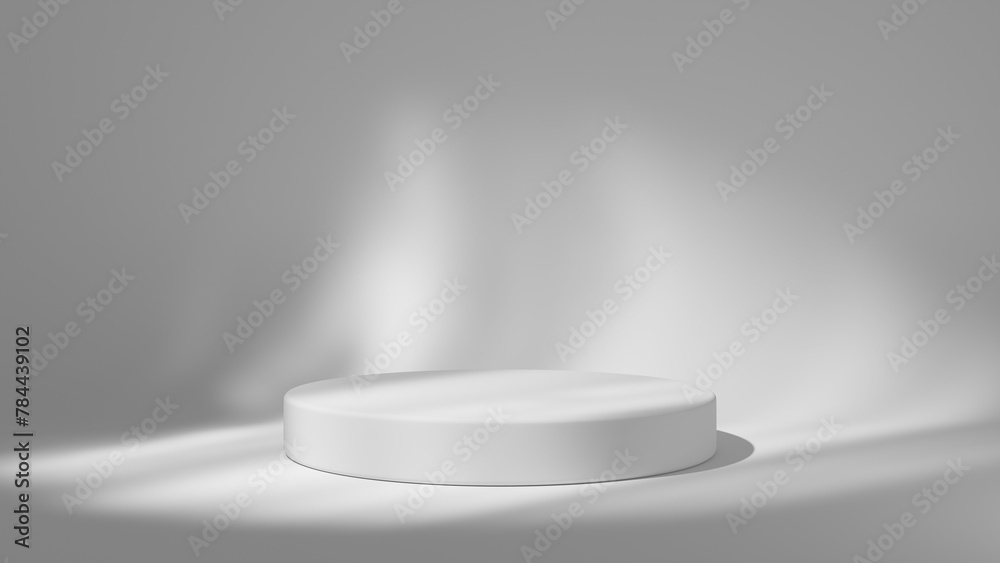 Clean white empty showroom with a white podium. White podium for beauty products with sunlight effects spotlight. Clean white empty showroom with a white podium. White podium for beauty products with sunlight effects spotlight.