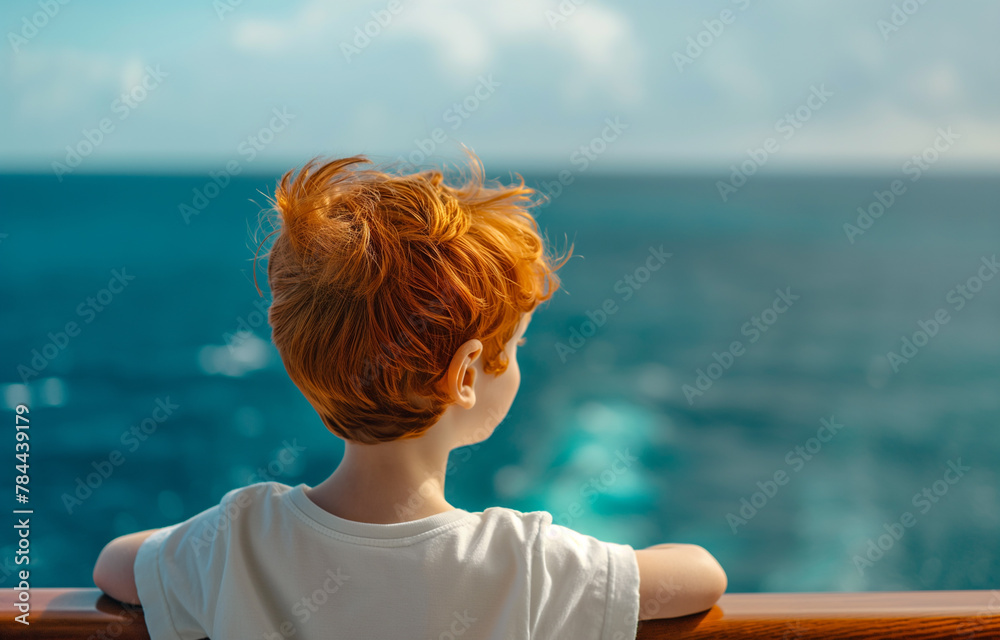 Fototapeta premium A young red-haired boy leans on a railing, gazing into the swirling blue sea waves, lost in thought. His casual summer attire reflects a moment of leisure and contemplation.