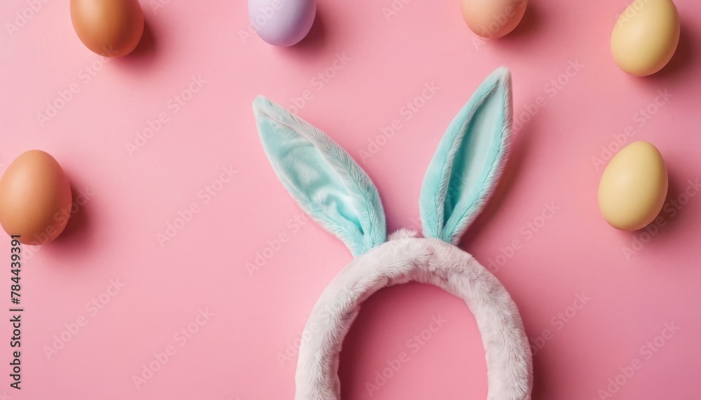 Holiday Easter background of colorful pastel Easter eggs and bunny ears on pink table top view