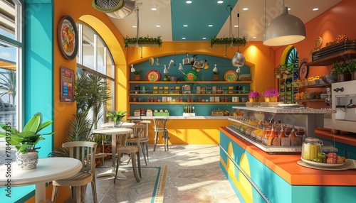 The interior of a cute cafe in different bright colors generated AI photo