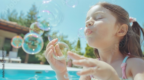 A cute little girl blowing bubbles in a pool. Perfect for summer-themed designs