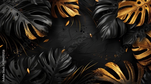 The black gold monstera leaves on a dark background. A beautiful botanical design with tropical jungle leaves and exotic plants. A banner for a wedding invitation or for a holiday sale.