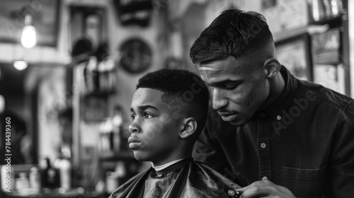 Barber cutting hair in a barber shop, perfect for beauty industry promotions