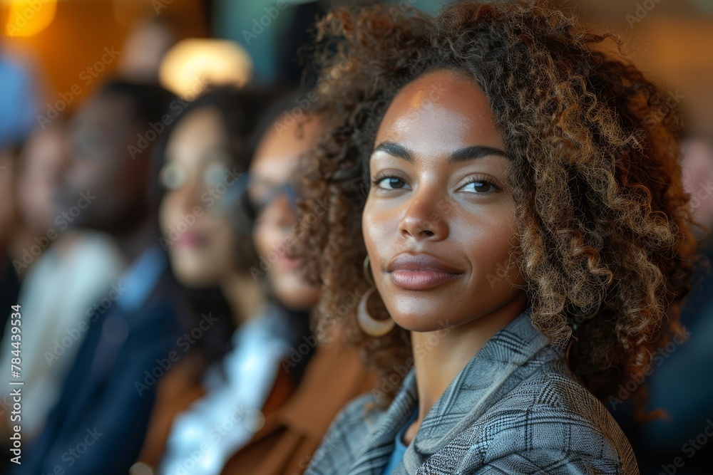 Clear view of a curly-haired female attendee listening at a professional seminar or conference Clear view of a curly-haired female attendee listening at a professional seminar or conference