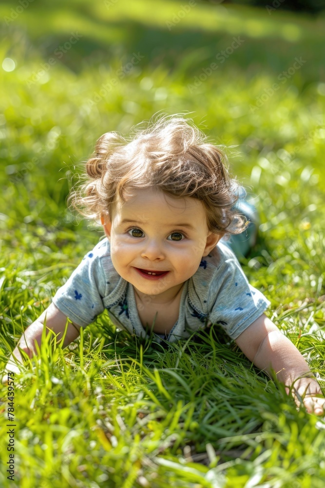 Baby laying in the grass on a sunny day, suitable for family and nature concepts Baby laying in the grass on a sunny day, suitable for family and nature concepts