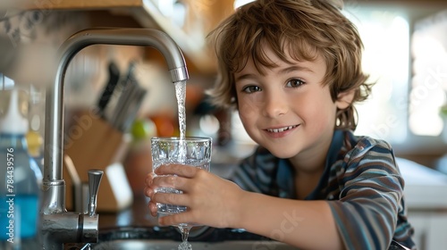 Portrait of a little boy pouring water from tap into a glass with a big space for text or product, Generative AI.