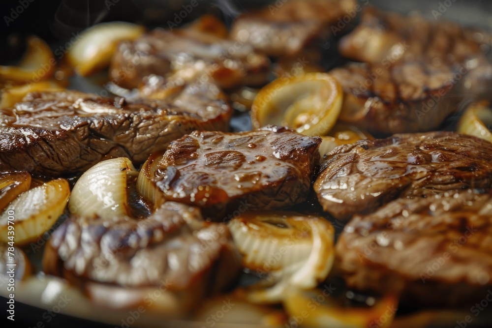 Delicious steaks and onions sizzling in a skillet. Perfect for food blogs or cooking websites