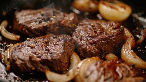 Steaks and onions sizzling in a skillet, perfect for food blogs or recipes