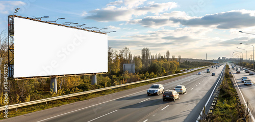 Alongside a bustling highway, a blank banner mockup flaps gently in the wind, beckoning to advertisers to fill it with a compelling message photo