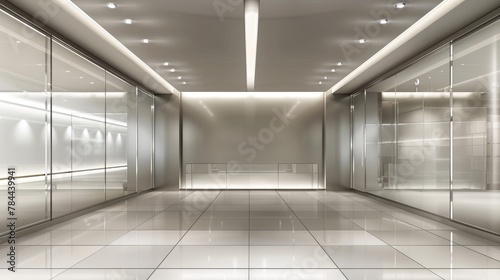 The transparent showcase in an empty museum room is illuminated by spotlights. Tiled floor in the exhibition hall, realistic 3D illustration of a realistic exhibition hall interior.