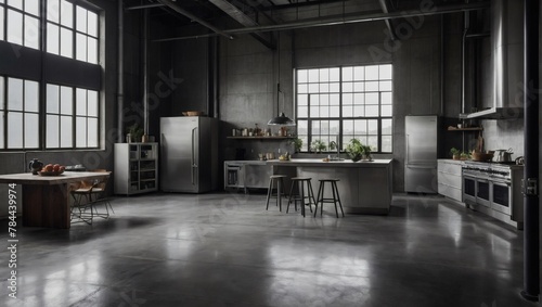 A monochrome photo showcases a concrete flooring kitchen with grey tints and shades, stainless steel appliances, and an industrial warehouse aesthetic.