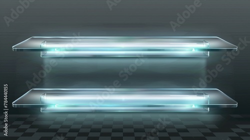 An empty translucent illuminated ledge or bookshelf isolated on an empty transparent background. Realistic 3d modern mockup of glass shelves with backlight.