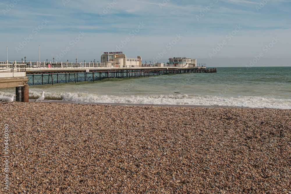 Obraz premium April 2023, Worthing, West Sussex, England, Uk, Beach and building around worthing seafront